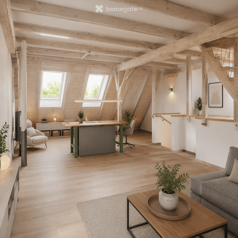 Bright, open-plan living and dining area with wooden beams, large windows, a grey sofa, coffee table, dining table, and potted plants.