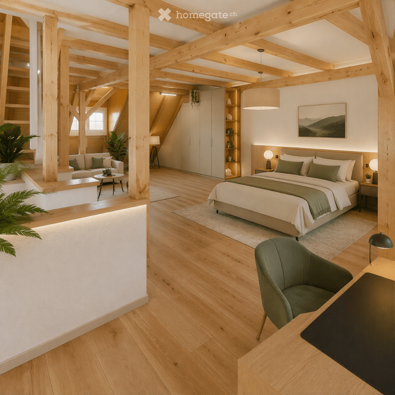 Modern bedroom with wooden beams, a large bed, nightstands, a sofa, a chair, a table, and a potted plant. The room features warm lighting and a cozy, contemporary design.