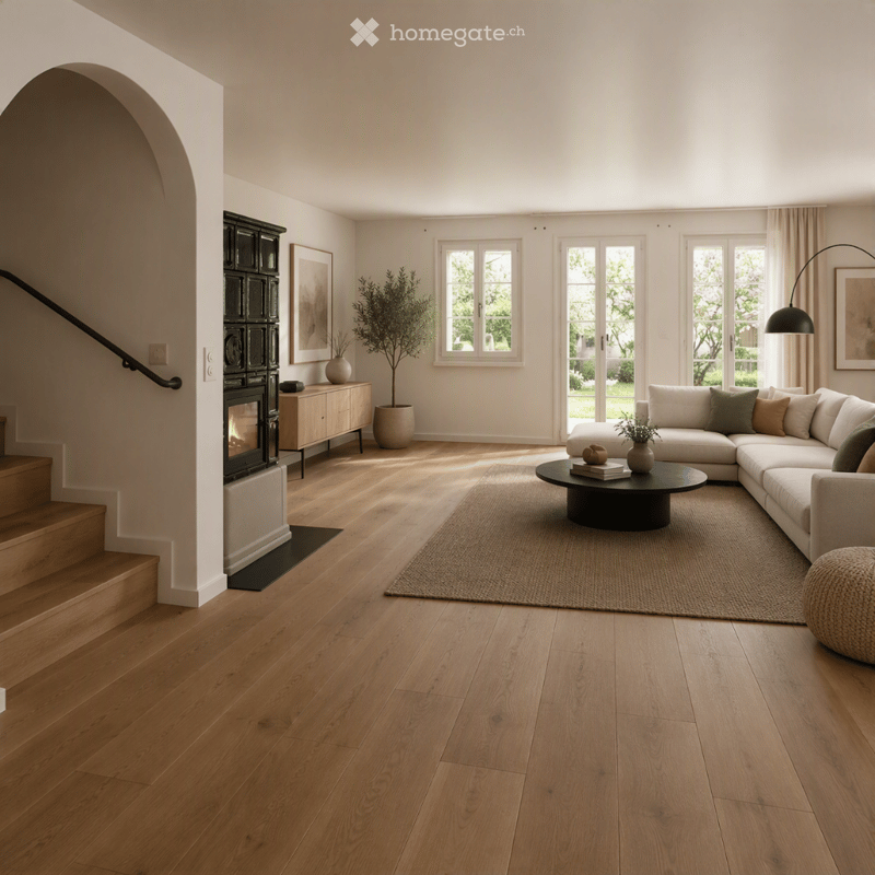 Bright living room with light wooden flooring, large windows, a modern fireplace, a sectional sofa, coffee table, floor lamp, and decorative plants.