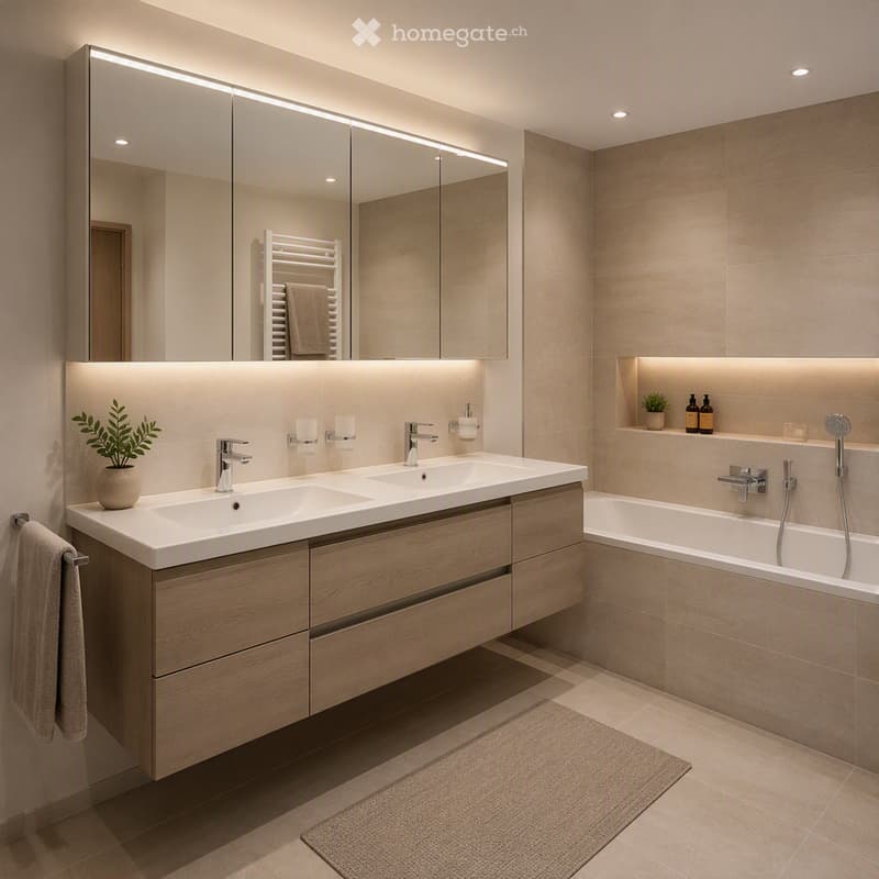 Modern bathroom with double sink, large mirror, bathtub, and built-in storage. Features include a towel rack, small plant, and decorative bottles on the shelf.