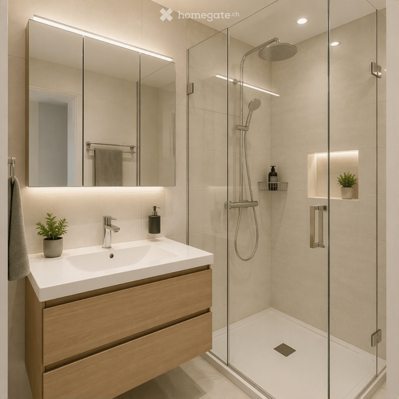 Modern bathroom with a white sink, wooden cabinet, large mirror with LED lighting, glass-enclosed shower, and small potted plants on shelves.