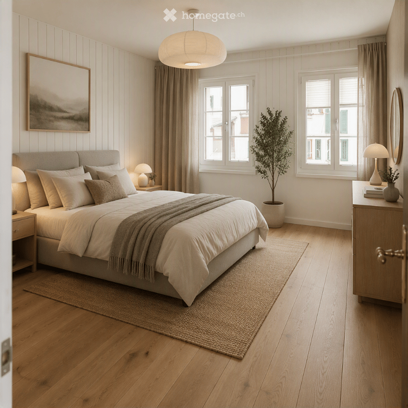 Modern bedroom with a large bed, nightstands, lamps, a dresser, potted plant, and artwork on the wall.