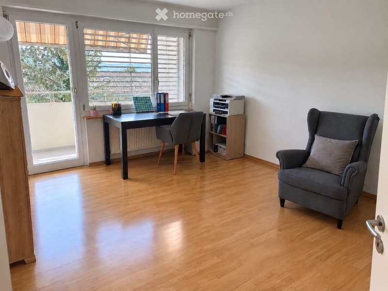 Bright, modern room with wooden flooring, large windows, a desk with a chair, an armchair, a printer on a small shelf, and a potted plant on the windowsill.