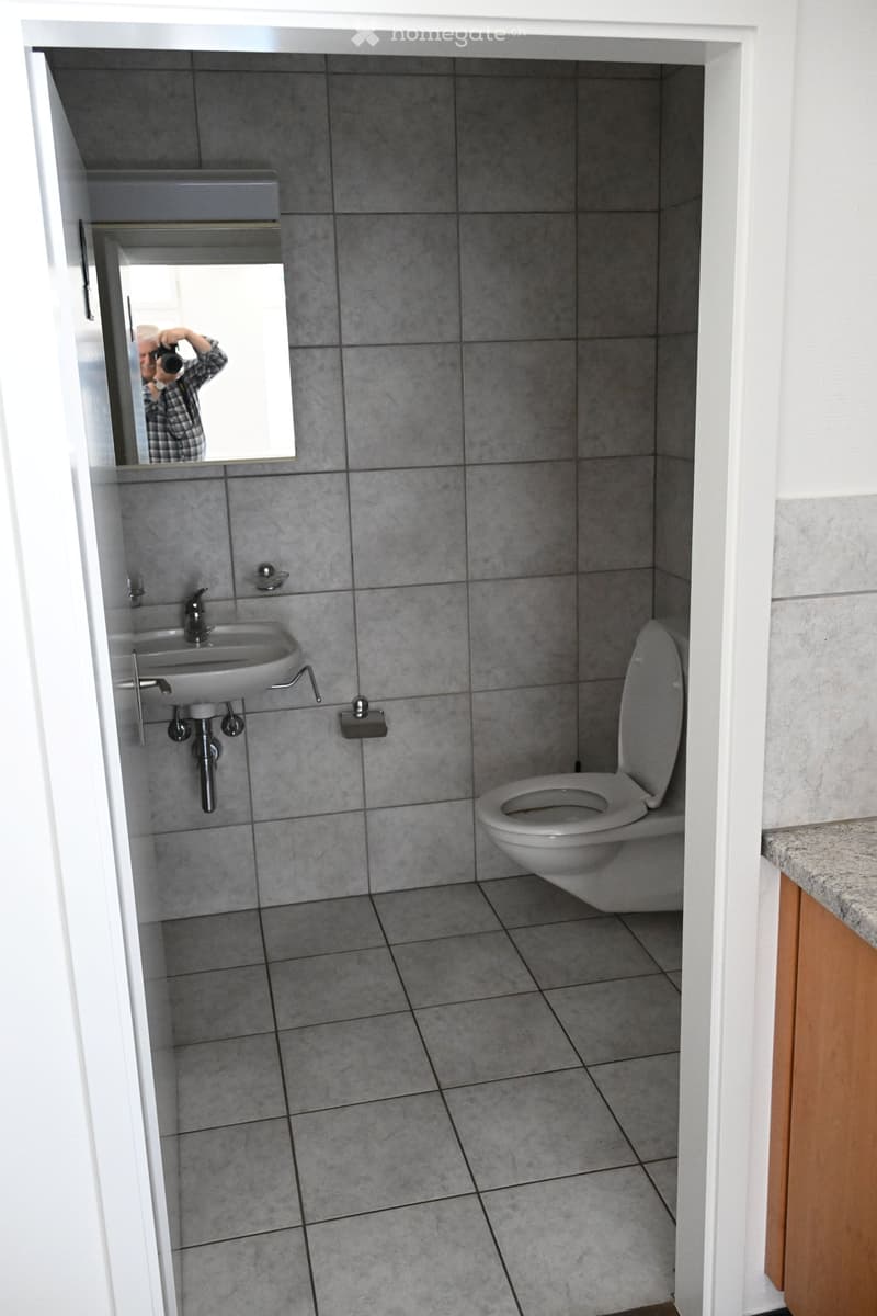 Small bathroom with grey tiled walls and floor, featuring a toilet, sink, and mirror.