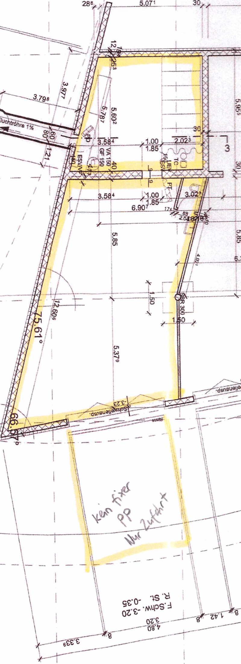 Floor plan showing a rectangular plot with labeled dimensions and boundary lines, including measurements and directional indicators.