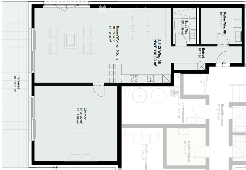 Floor plan of a 2-bedroom apartment with a kitchen, living room, bathroom, and separate entrance. Includes a terrace and technical room.