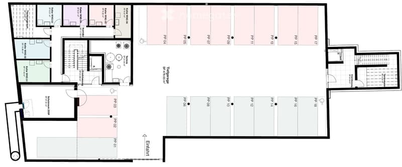 Floor plan of a multi-room residential space with labeled rooms including living areas, bedrooms, bathrooms, and a parking space.