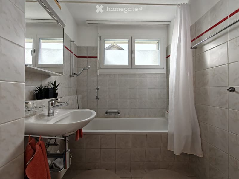 Modern bathroom with a white sink, bathtub, mirror, and shower area. Features tiled walls, a window, and decorative plants on the shelf.