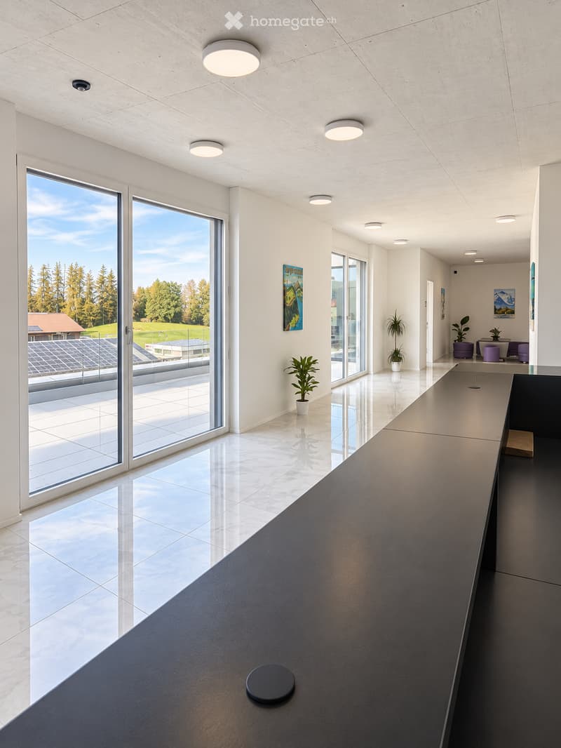 Modern, minimalist hallway with large glass windows, polished marble floors, recessed lighting, and a sleek black table with a stool. Potted plants and artworks adorn the walls.