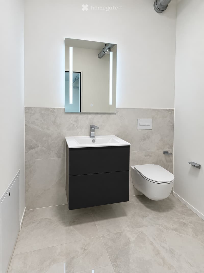 Modern bathroom with a white sink, dark cabinet, large mirror, and toilet. Light-colored tiles on walls and floor.