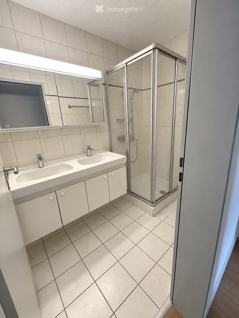 Modern bathroom with white tiled walls and floor, double sink vanity with mirrored cabinet, glass-enclosed shower stall, and chrome fixtures.