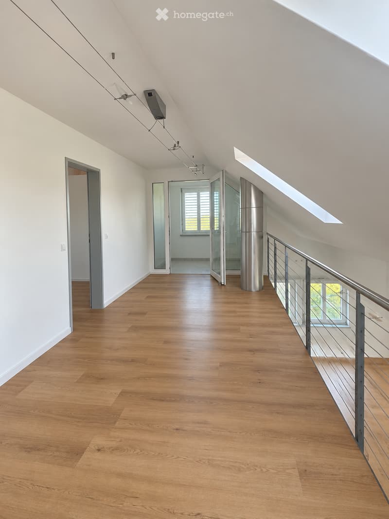 Bright, open hallway with wooden flooring, white walls, and modern lighting fixtures. Features a glass door leading to another room and a metal railing on one side.