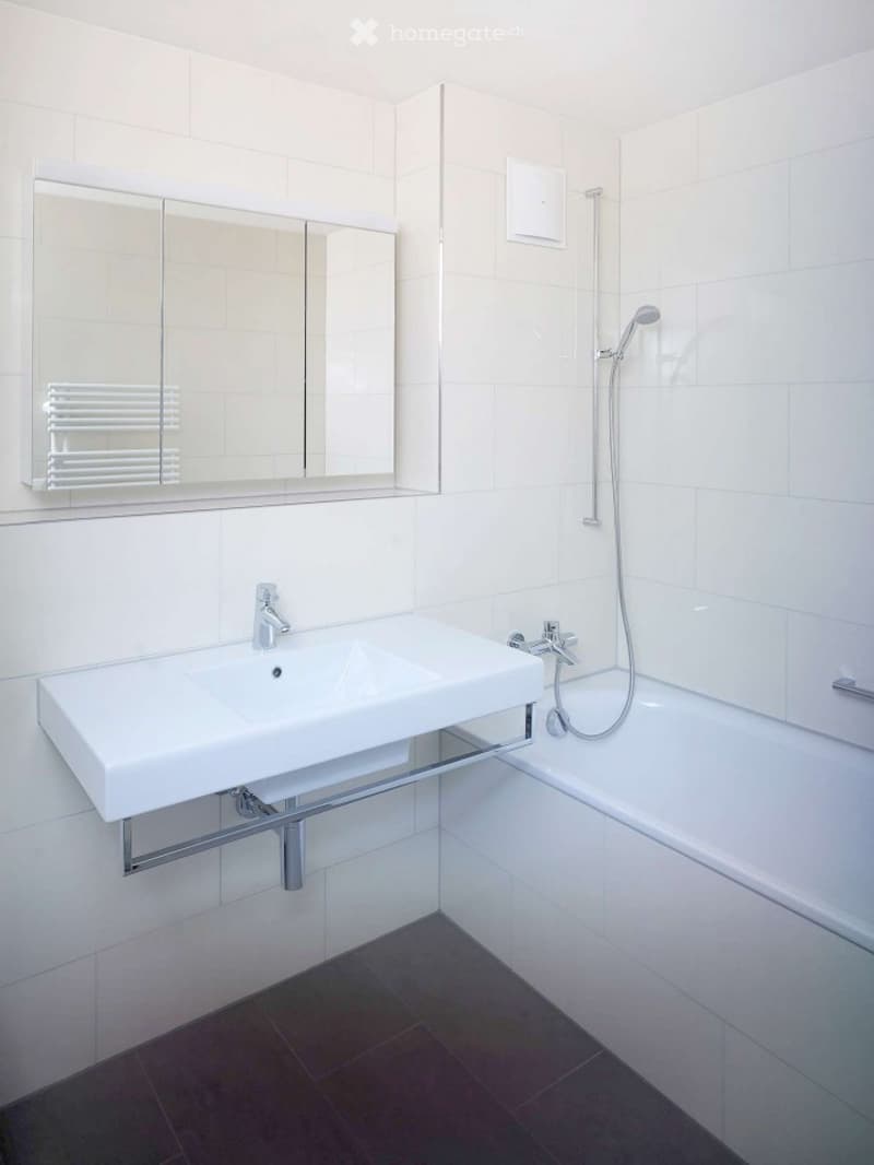 Modern bathroom with white tiles, a white sink, a bathtub, a showerhead, and a large mirror with a cabinet above it.