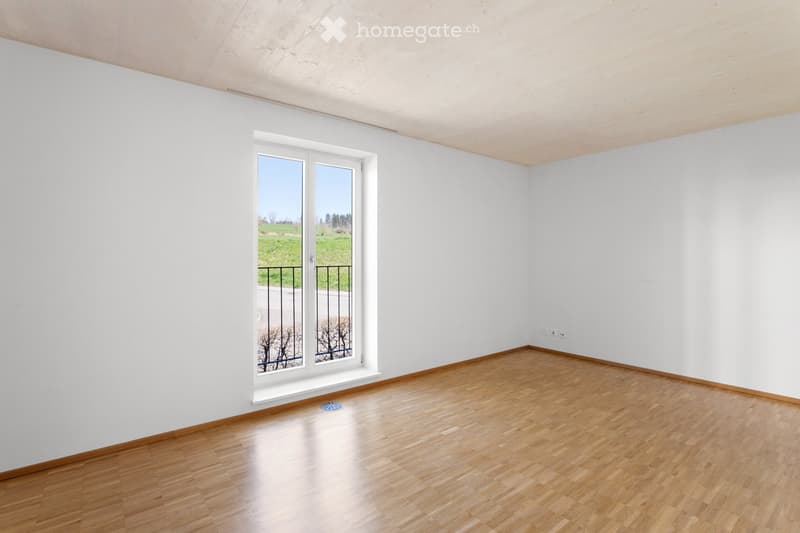 Empty room with white walls, wooden flooring, and a large window with a black metal balcony railing visible outside.