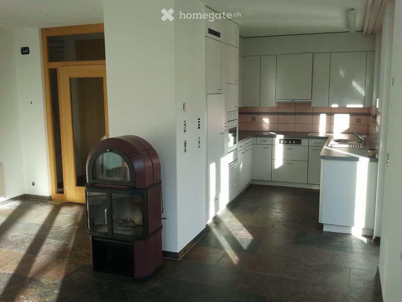 Modern kitchen with white cabinets, a sink, and a built-in oven. A wood-burning stove is positioned near the entrance.