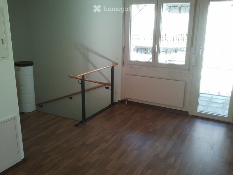 Empty hallway with wooden flooring, a handrail, and a radiator. The hallway leads to a door with glass panels and a view of an outdoor area.