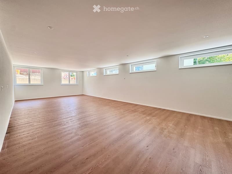 Empty room with wooden flooring and multiple windows, featuring a smooth, light-colored wall and recessed ceiling lighting.