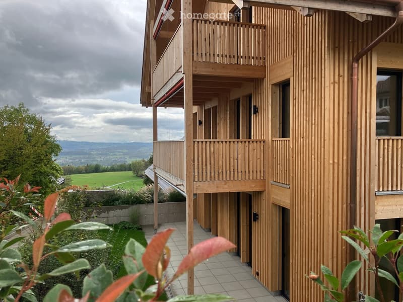 Modern wooden building with balconies overlooking a green field and distant mountains.