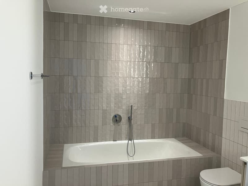 Modern bathroom with a bathtub, toilet, and showerhead. The walls are tiled in gray, and the floor is also tiled.