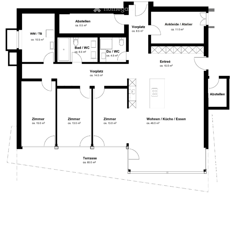 Floor plan showing a layout with three bedrooms, a living/dining/kitchen area, two bathrooms, a hallway, a storage area, a dressing room/office, and a large terrace.