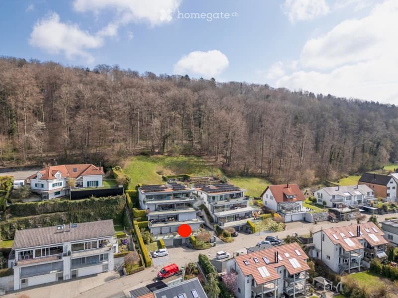 Aerial view of a residential area with multiple houses, garages, and a parking lot, surrounded by trees and greenery.