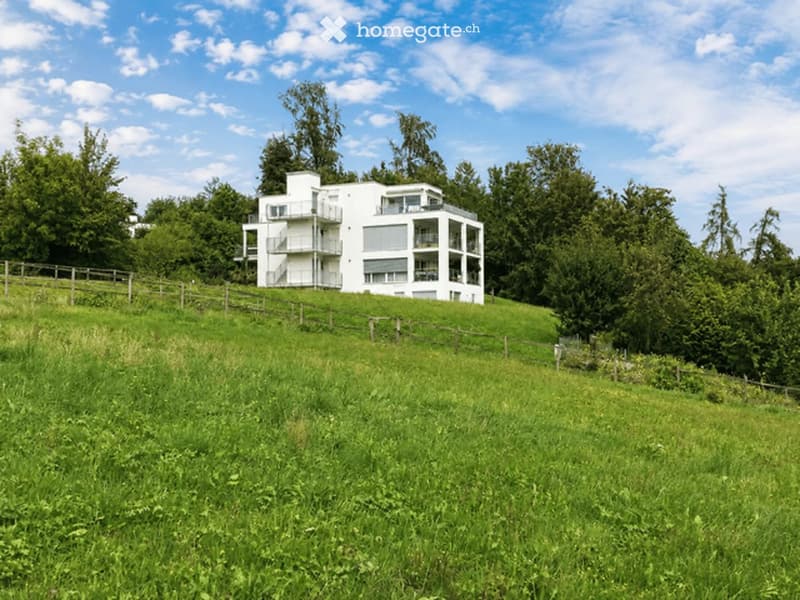 Modern white house with multiple levels, balconies, and large windows, situated on a grassy hillside surrounded by trees.