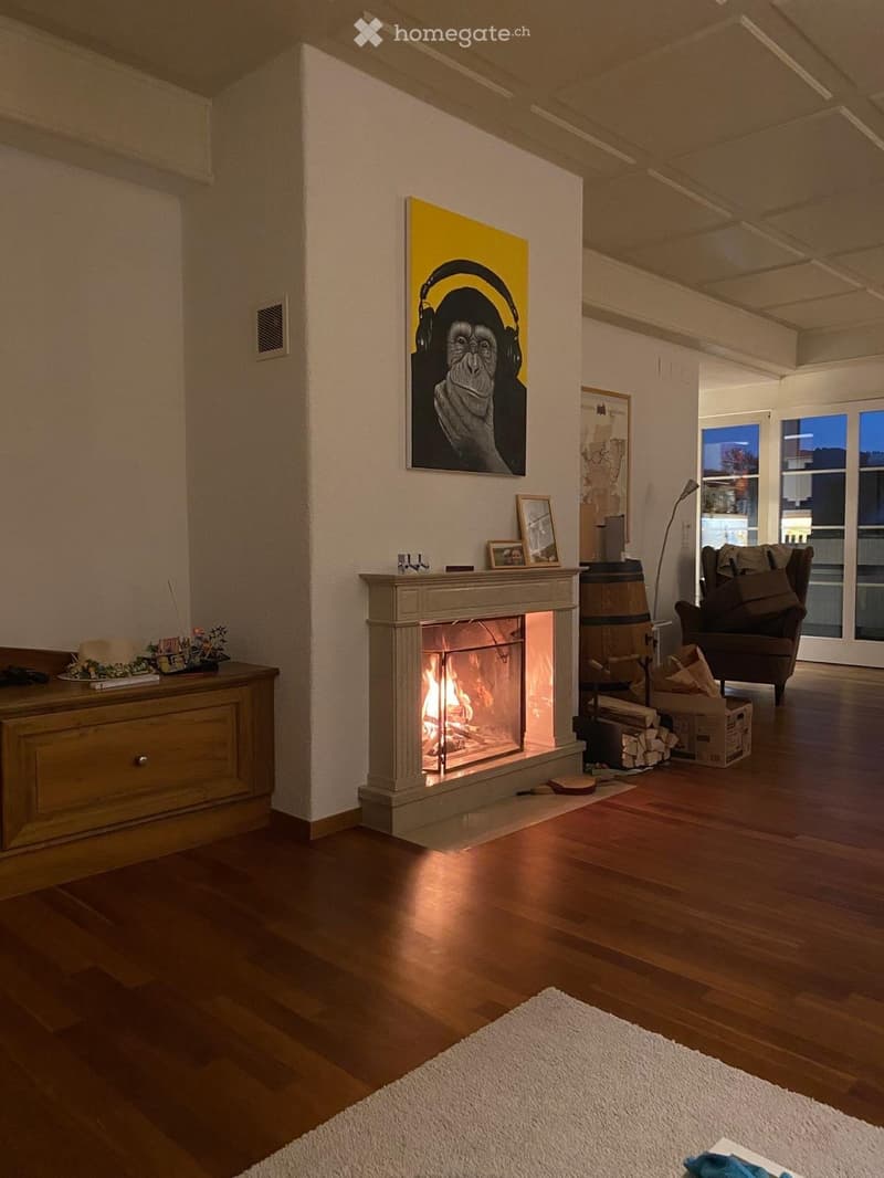 Living room with a modern fireplace, wooden flooring, a large painting, a sofa, and a floor lamp near large windows.
