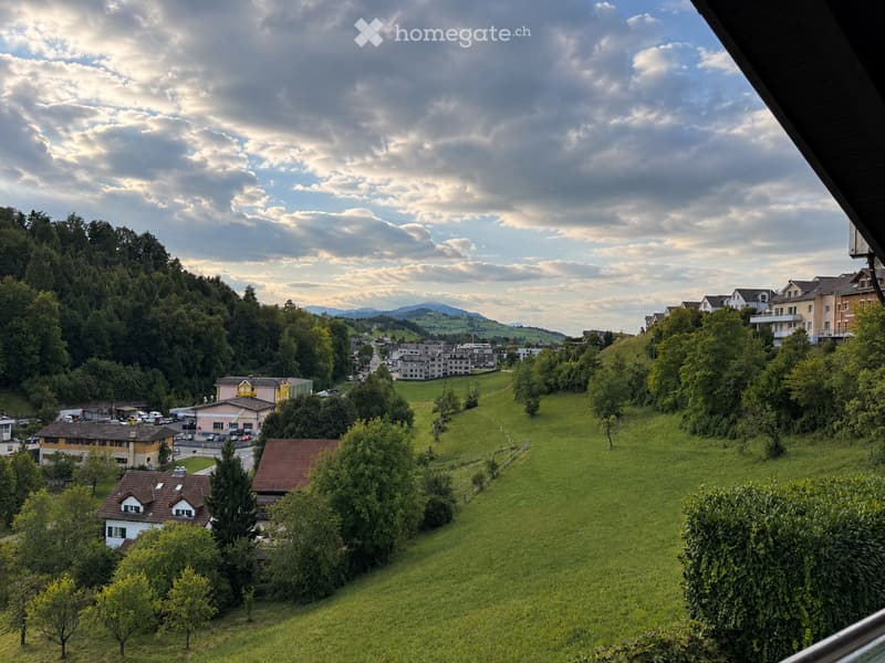 A scenic view of a town nestled in a lush green valley, surrounded by trees and hills, with houses and buildings visible in the distance under a partly cloudy sky.