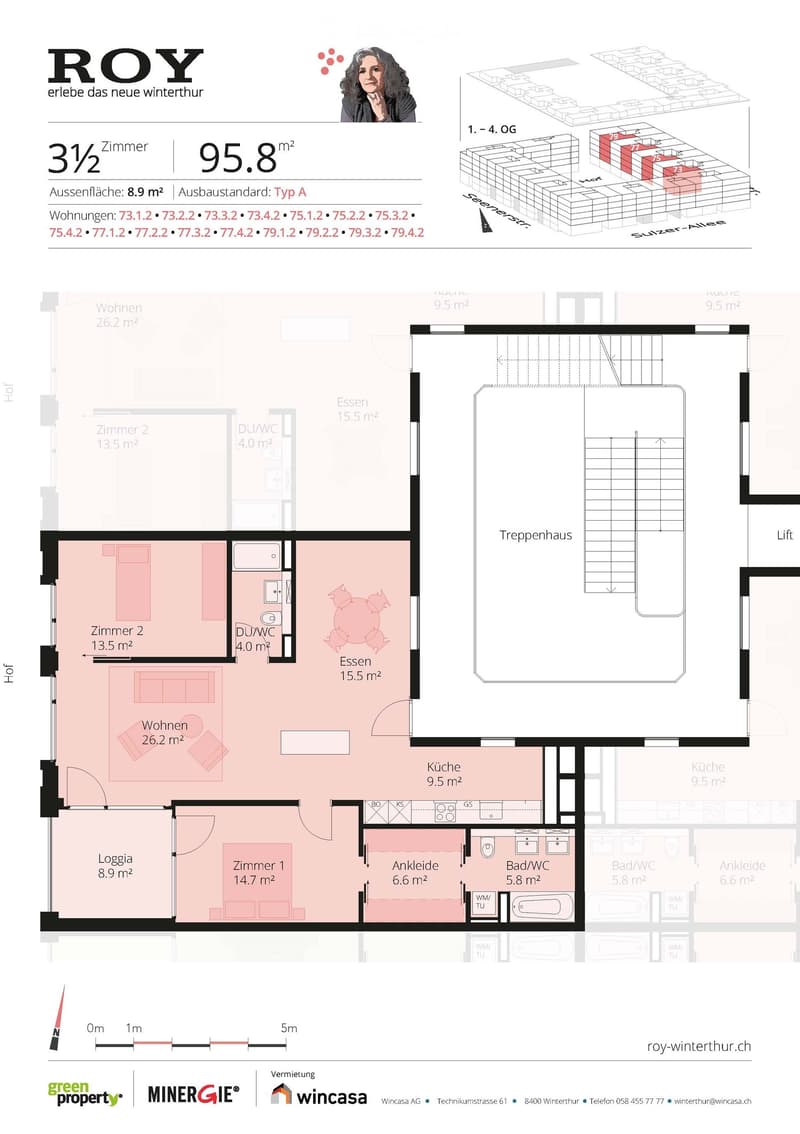 Floor plan of a 3.5-room apartment with 95.8 m² total area, including living room, dining area, two bedrooms, kitchen, bathroom, and balcony.