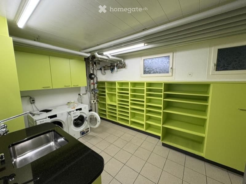 Bright, modern utility room with green cabinets, a sink, and a washing machine. The space features tiled flooring and ample storage shelves.