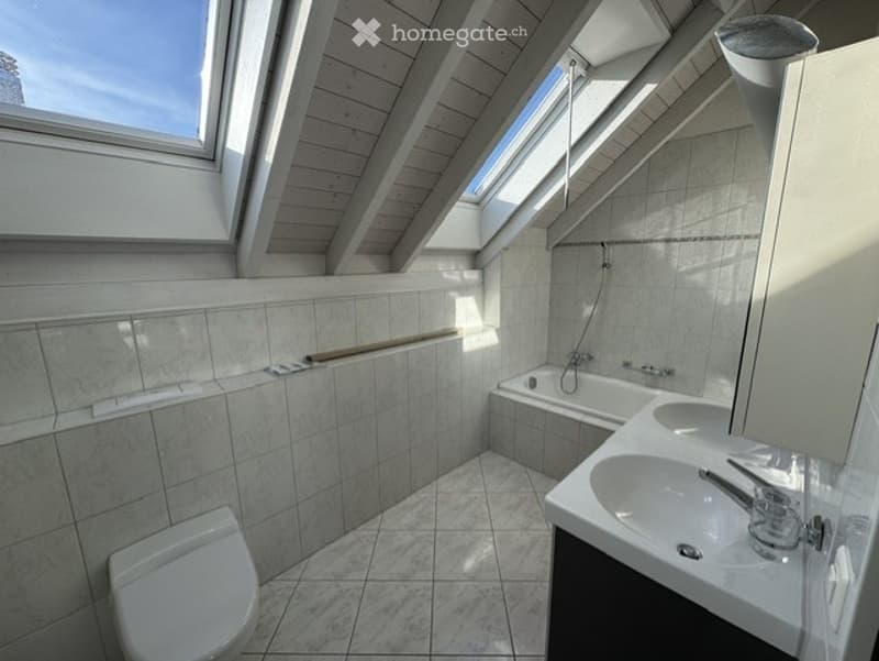 Modern bathroom with skylight windows, tiled walls and floor, bathtub, sink, and toilet.