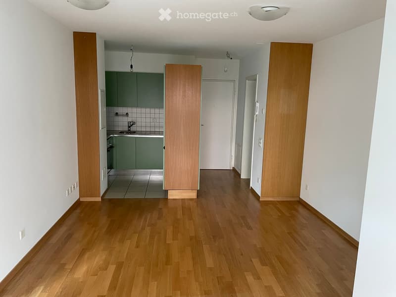 Empty room with wooden floor, white walls, wooden cabinets, kitchen area with sink and faucet, white ceiling with lights, power outlets on the wall.