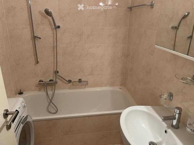 Bathroom with bathtub, shower, sink, and washing machine