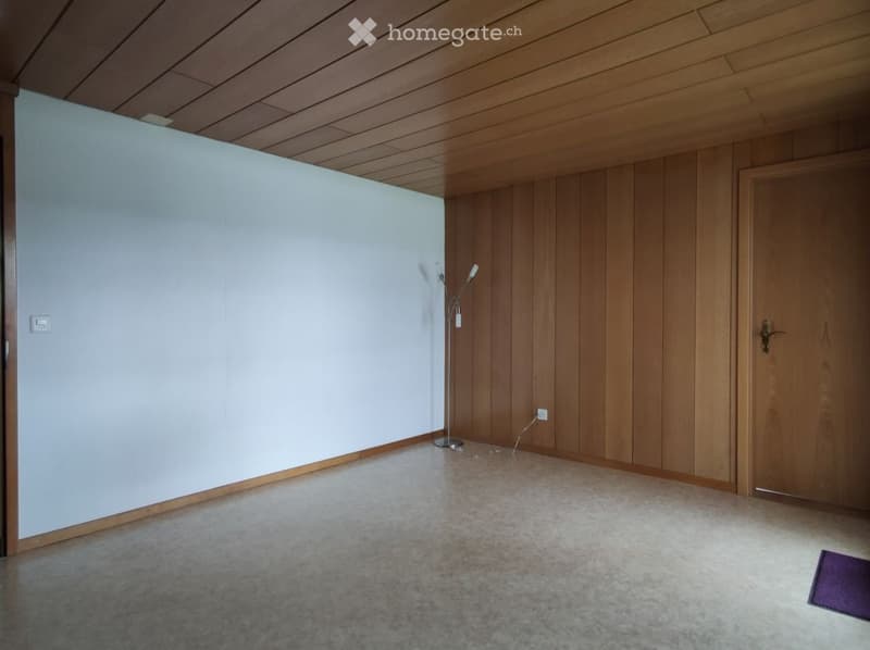 Empty room with wooden panel walls, light-colored floor, and a single floor lamp in the corner.