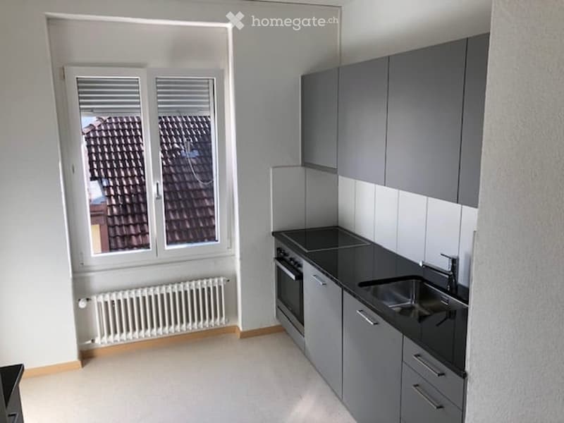 Modern kitchen with grey cabinets, black countertops, stainless steel sink, and built-in oven. Large window with blinds offers a view of a tiled roof.