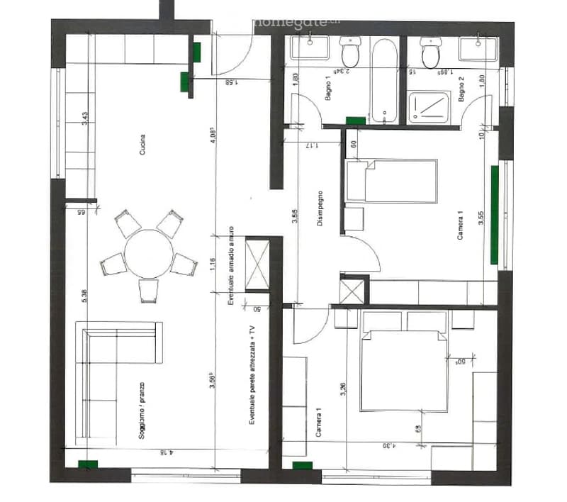 Floor plan of a two-story house with living room, dining room, kitchen, two bedrooms, two bathrooms, and a balcony.