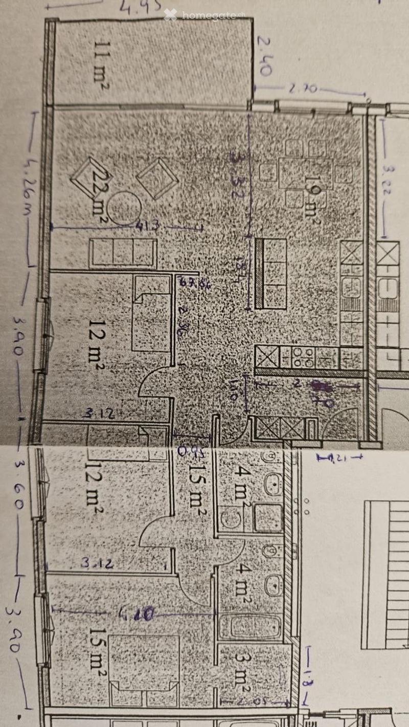 Floor plan of a two-story house with labeled rooms and dimensions. Includes living room, dining area, bedrooms, bathrooms, and kitchen.