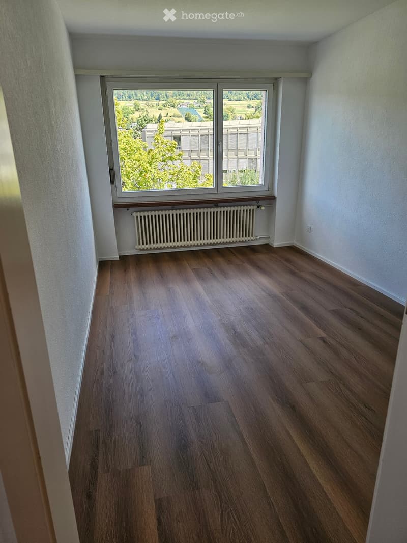 Empty room with wooden flooring, white walls, a radiator, and a large window offering a view of greenery and a building.