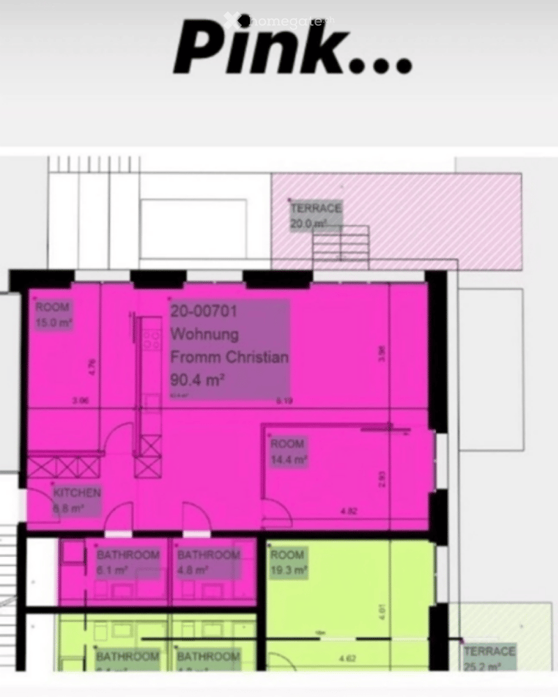 Floor plan showing a residential unit with a living area, kitchen, multiple bathrooms, and two terraces.