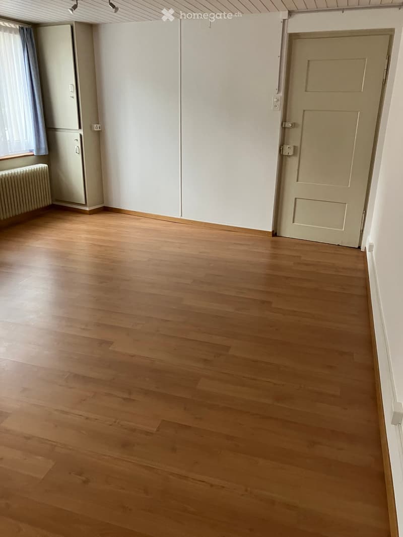 Empty room with wooden flooring, white walls, a closed door, and a small cabinet with a window and radiator visible.