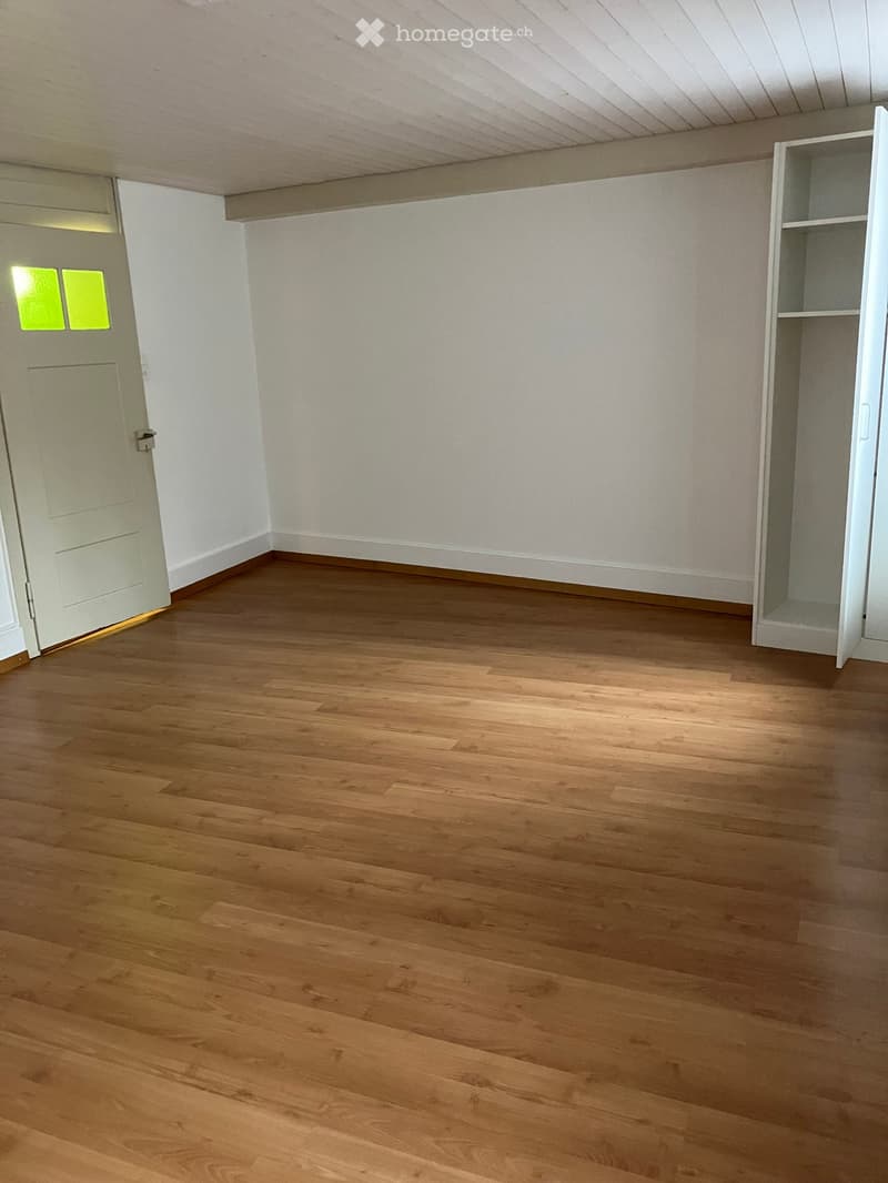 Empty room with wooden flooring, white walls, and a single white door with frosted glass panels.