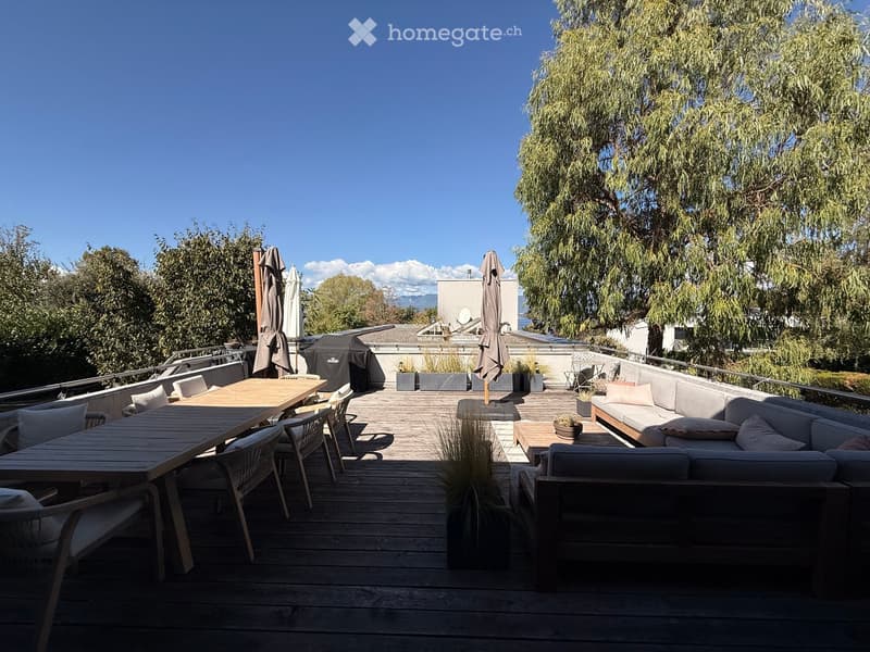 A spacious wooden deck with a sofa, dining table, chairs, and a grill, surrounded by trees and a clear blue sky.
