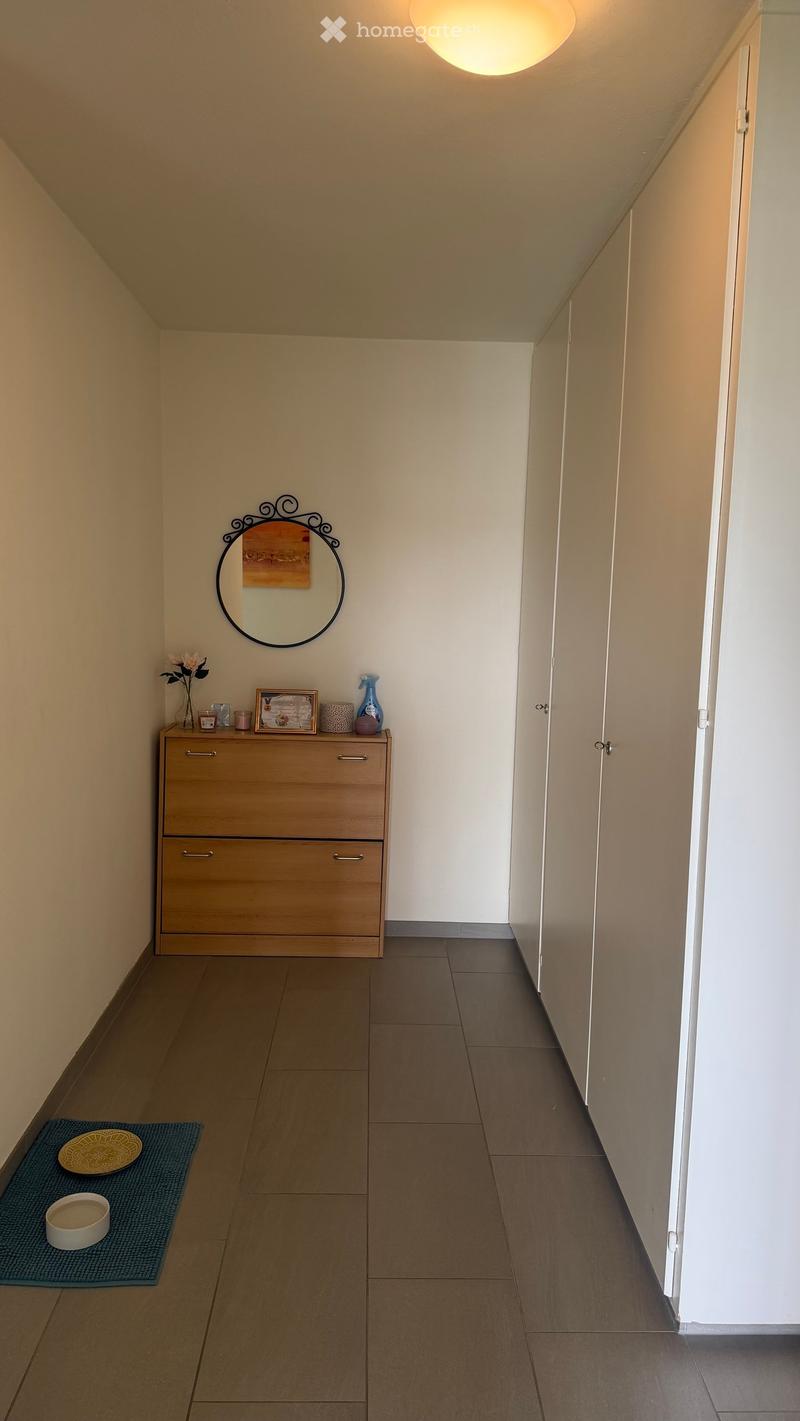 A narrow hallway with beige walls, tiled floor, and a small wooden cabinet with drawers. A round mirror with a decorative frame hangs on the wall, and a small blue rug with a bowl and plate is placed on the floor.