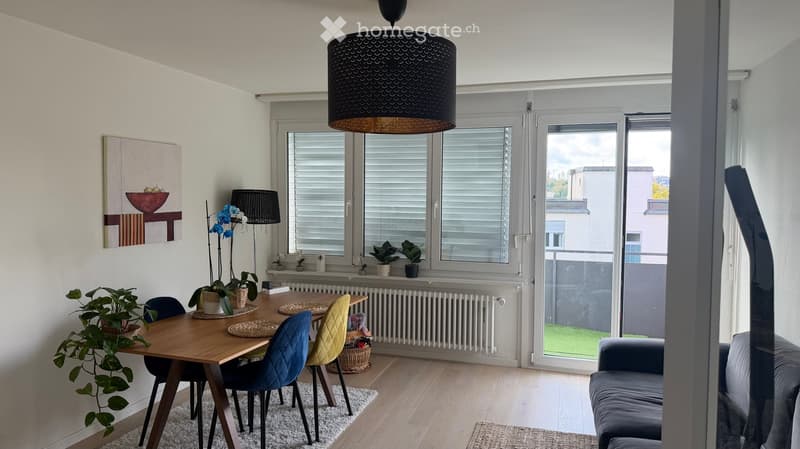 Bright living and dining area with large windows, a sofa, dining table with chairs, potted plants, and a hanging lamp.