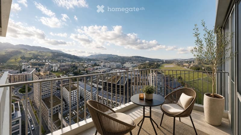 Balcony with a cityscape view, featuring a small round table, two wicker chairs, and potted plants.