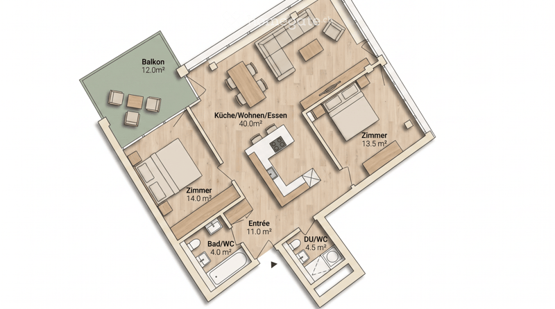 Floor plan showing a kitchen/living/dining area, two bedrooms, two bathrooms, and a balcony.