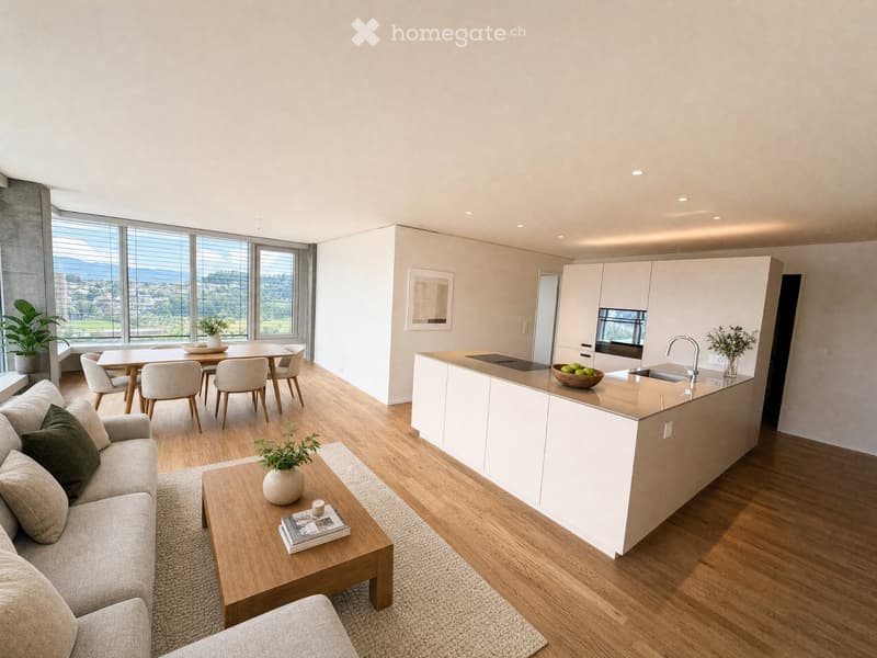 Modern open-plan living and dining area with a kitchen island, sofa, coffee table, dining table, and chairs. Large windows offer a scenic view.