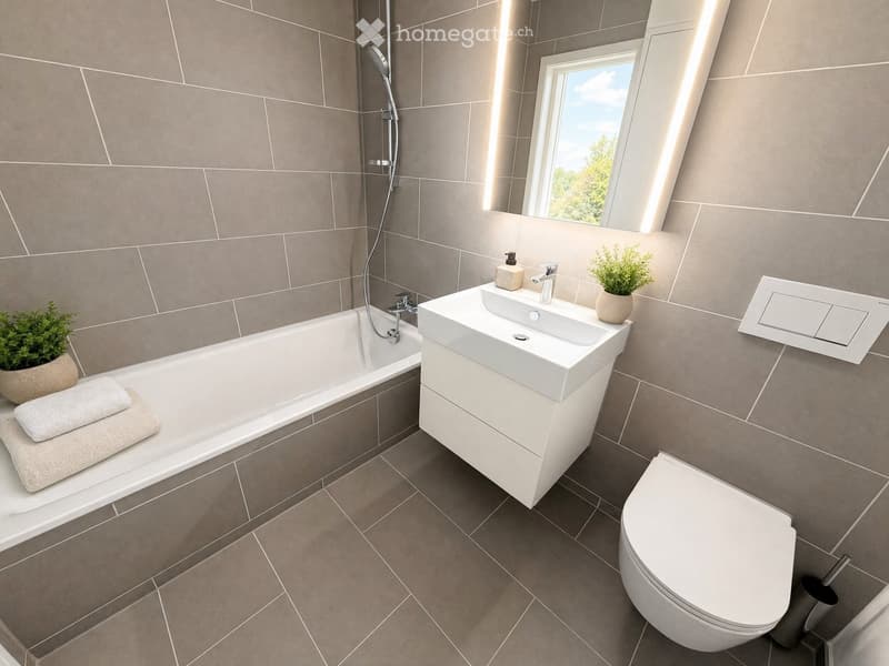 Modern bathroom with a bathtub, sink, toilet, and a large window. Features include a modern sink cabinet, a showerhead, and decorative plants on the sink and bathtub.