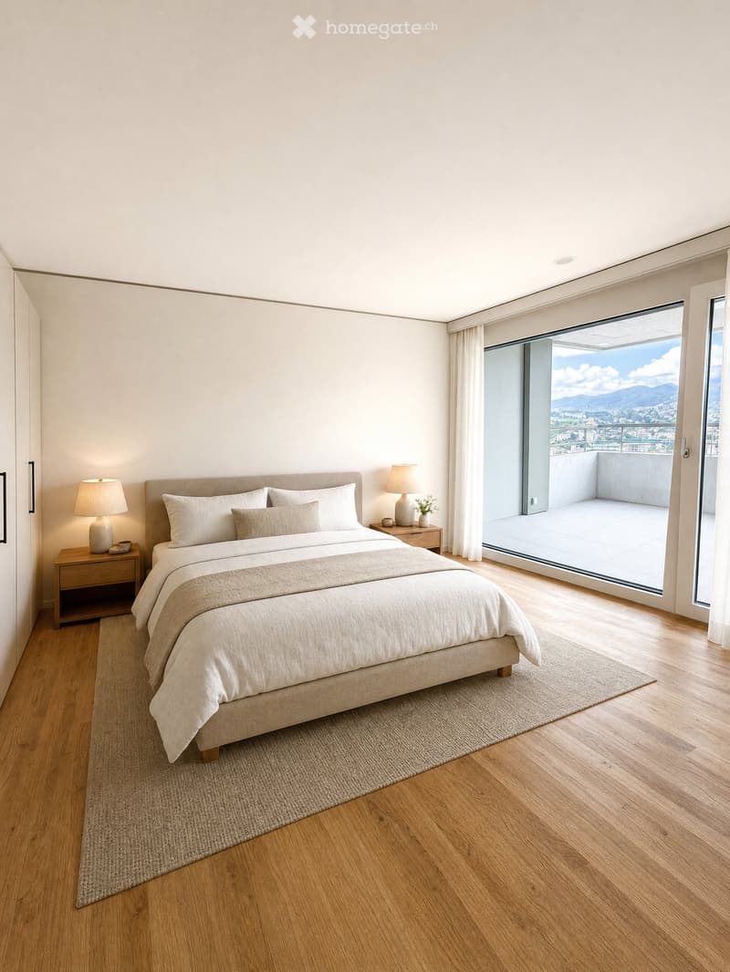 Modern bedroom with a large bed, nightstands, lamps, and a view of the city and mountains through large windows.