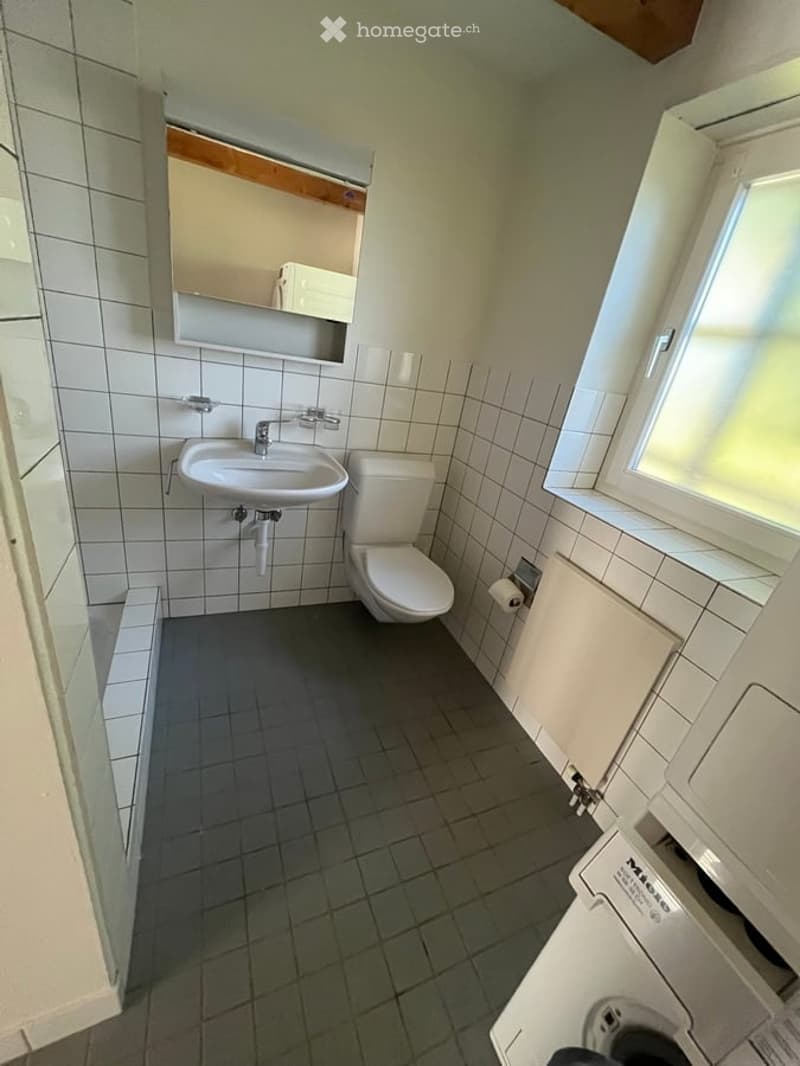 Small bathroom with white tiled walls, grey tiled floor, sink, toilet, mirror, radiator, and washing machine.